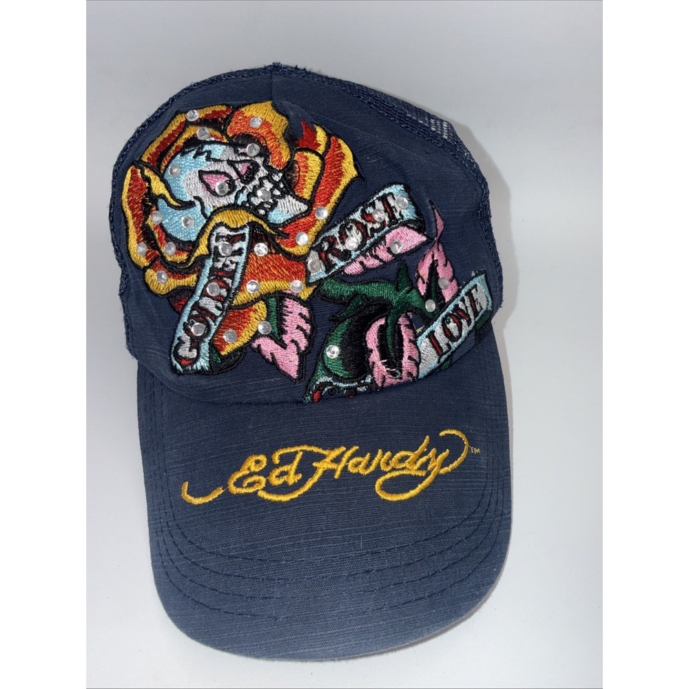 Ed Hardy Rhinestone Vintage Trucker Hat Golden Rose Love Christian Audigier Y2K
